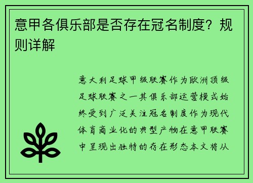 意甲各俱乐部是否存在冠名制度？规则详解
