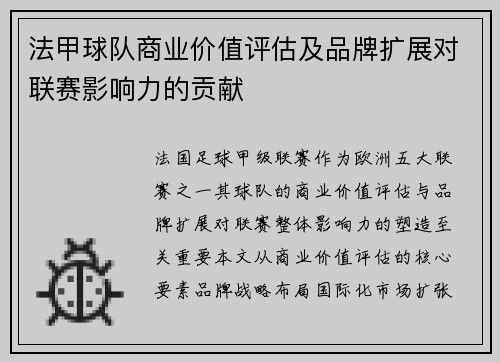 法甲球队商业价值评估及品牌扩展对联赛影响力的贡献